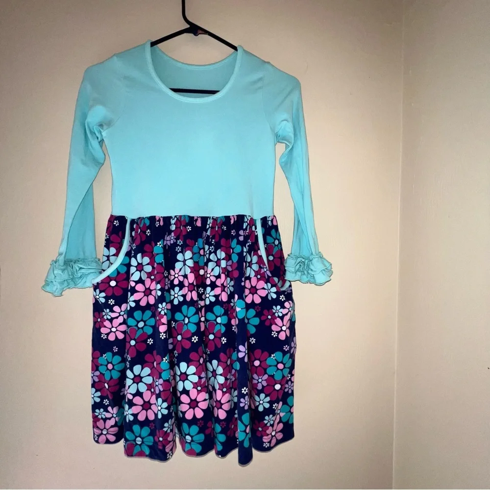 Kelly's Kids 8/10 Aqua & Floral Long Sleeve Dress with Pockets